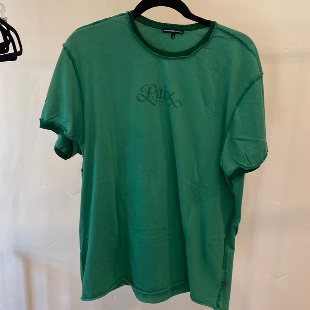 Green James Perse inside out short sleeve tee, size 4. Paix written on the front